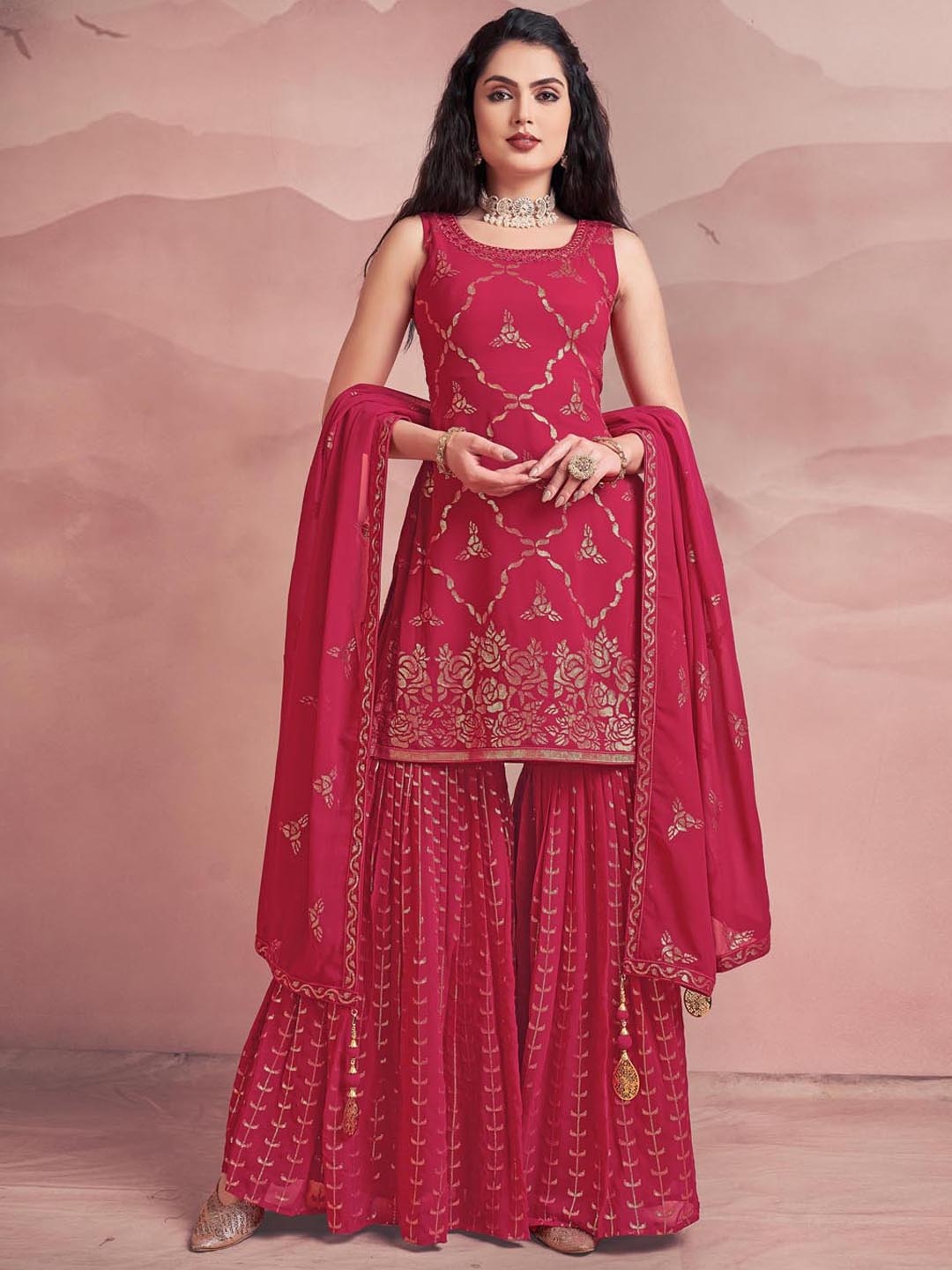 

Fusionic Floral Embroidered Sequined Georgette Kurti with Sharara & Dupatta, Pink