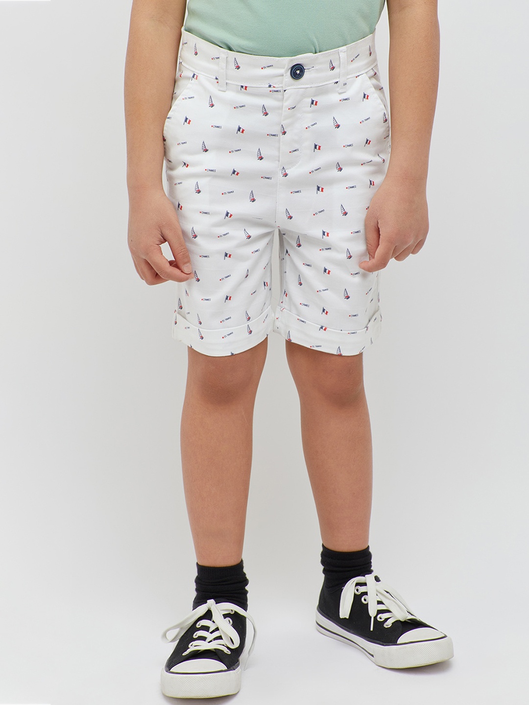 

One Friday Boys Nautical Printed Mid Rise Cotton Shorts, White