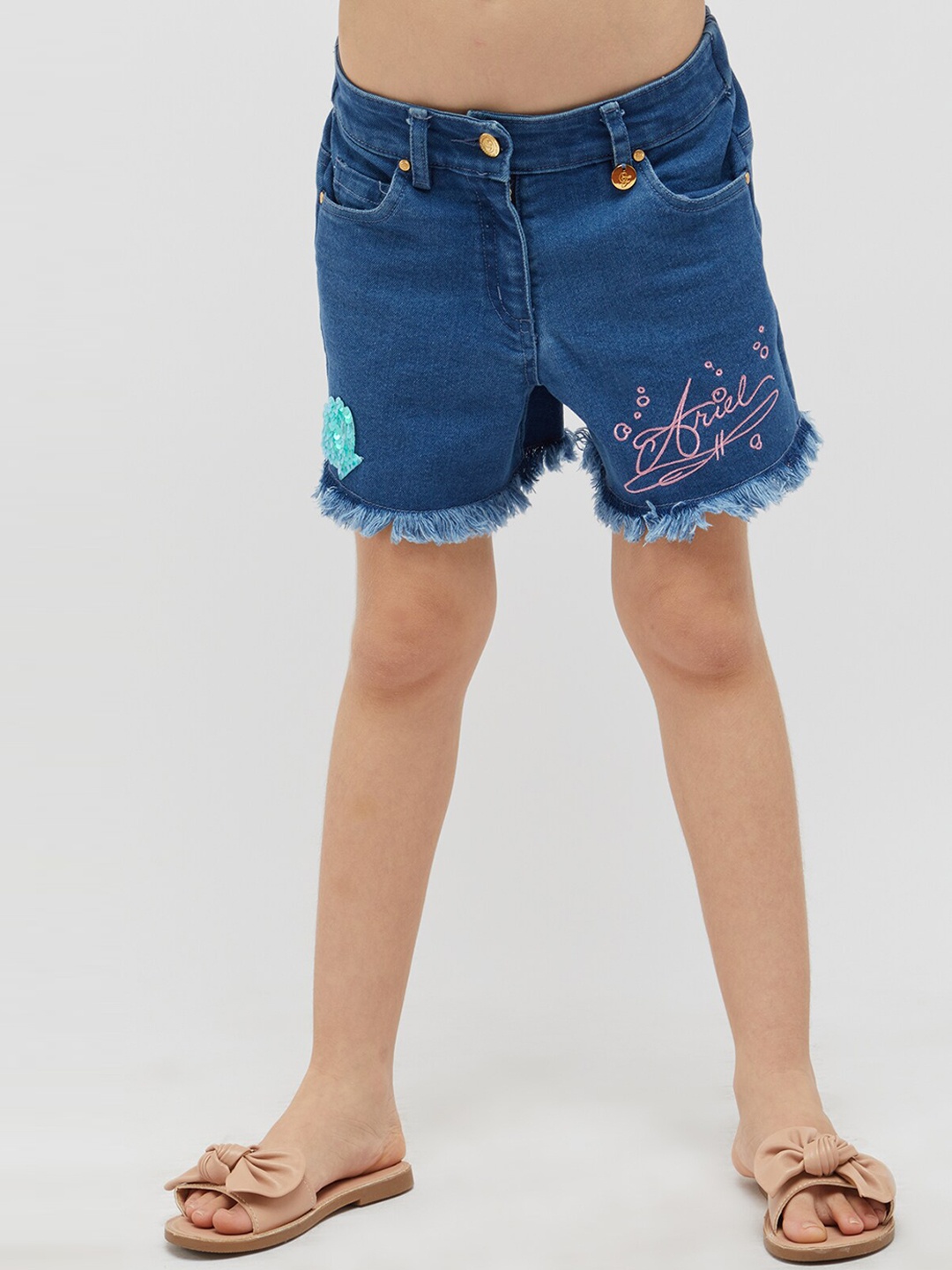 

One Friday Girls Typography Printed Cotton Denim Shorts, Blue