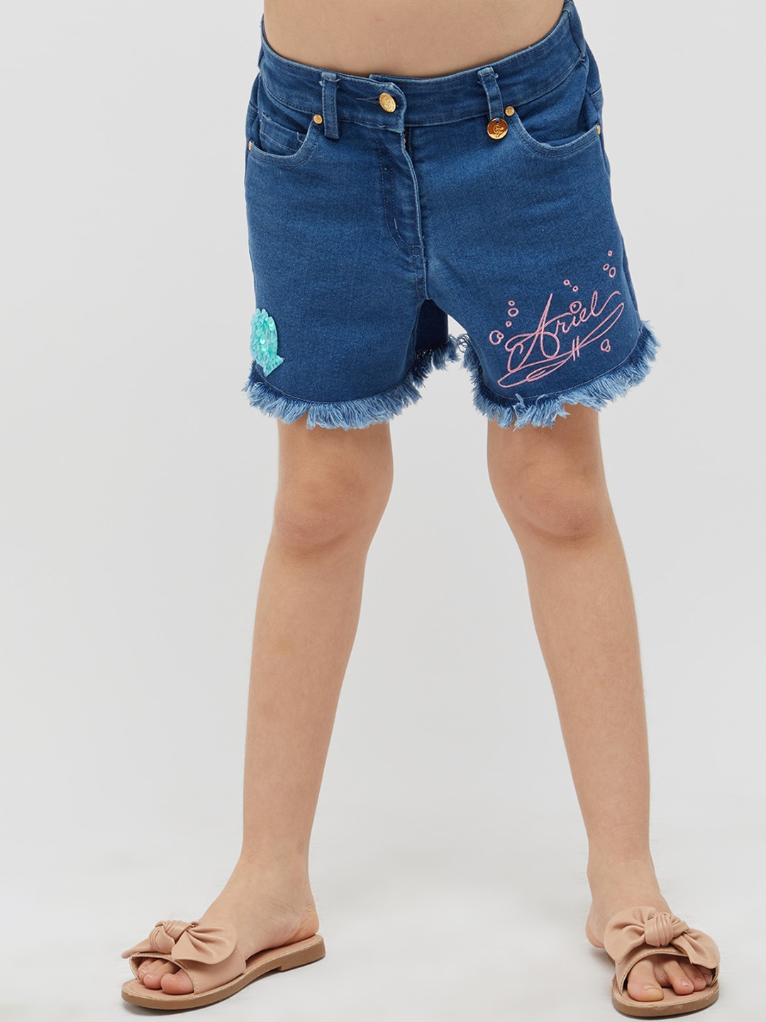

One Friday Girls Disney Graphic Printed Cotton Denim Shorts, Blue