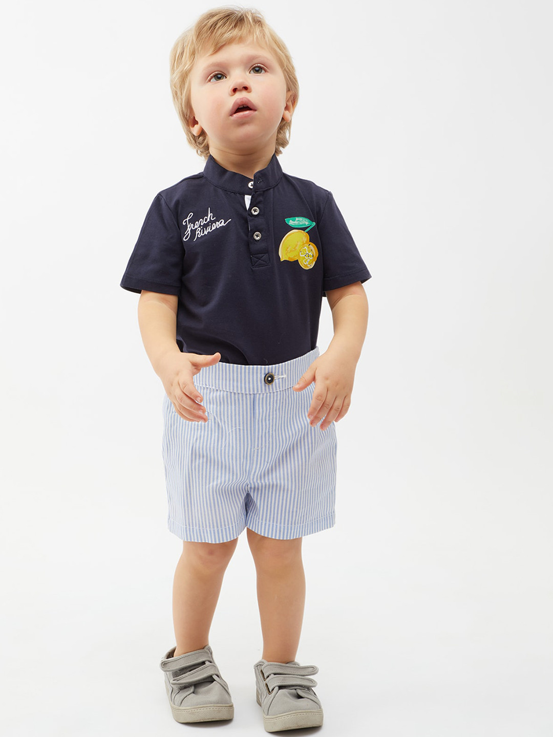 

One Friday Infants Boys Vertical Striped Mid-Rise Pure Cotton Shorts, Blue