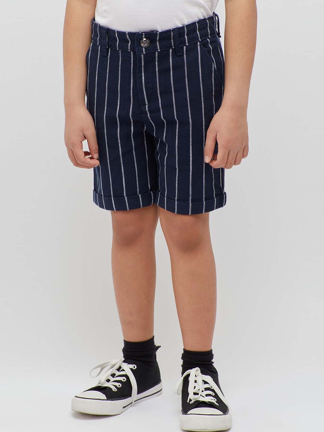 

One Friday Boys Vertical Striped Mid-Rise Pure Cotton Shorts, Navy blue