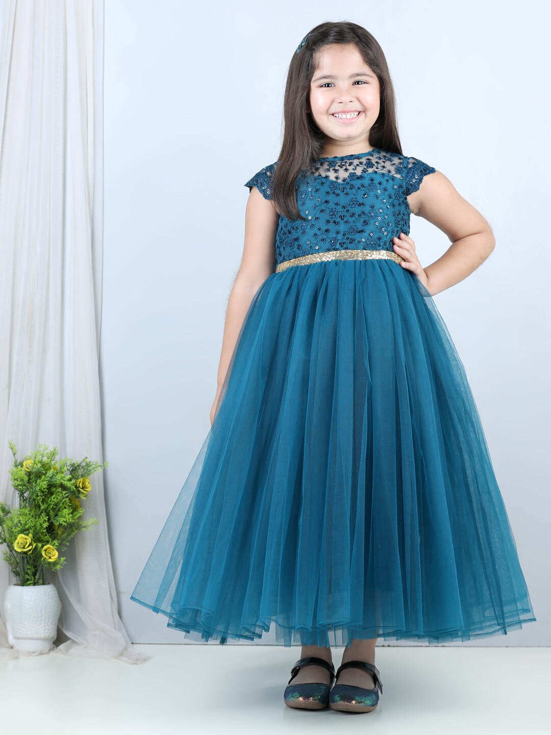 

Toy Balloon kids Girls Embellished Cap Sleeve Tulle Maxi Dress, Teal