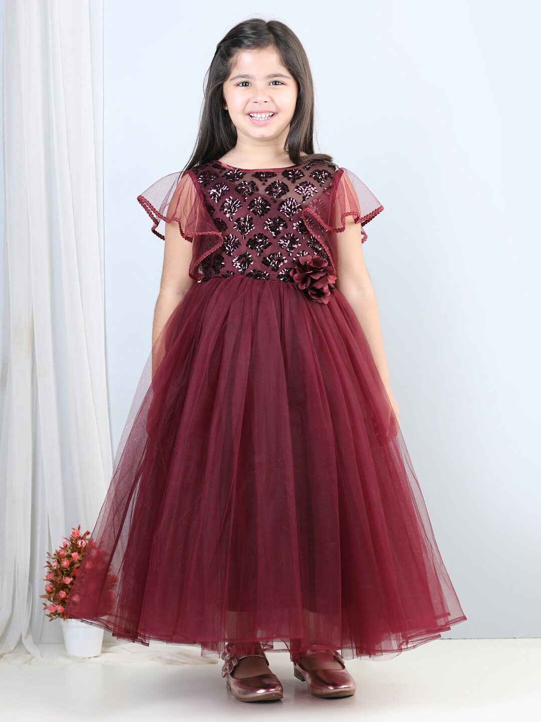 

Toy Balloon kids Girls Embellished Sleeveless Tulle Maxi Dress, Maroon