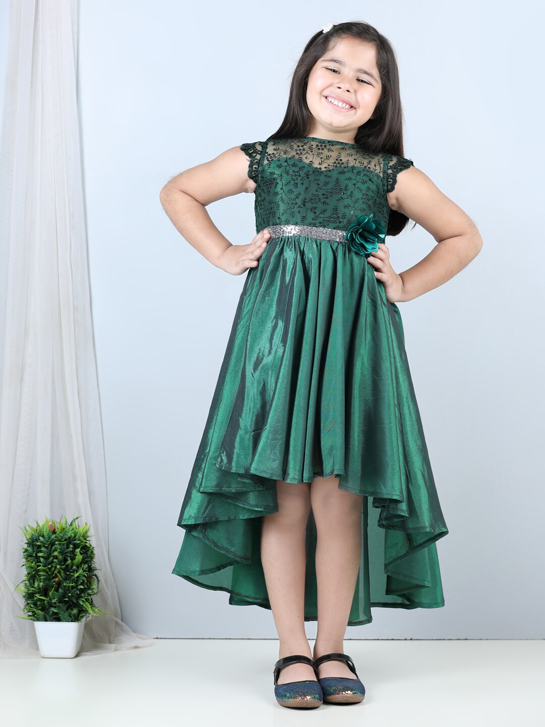 

Toy Balloon kids Girls Embellished Satin Fit & Flare Dress, Green