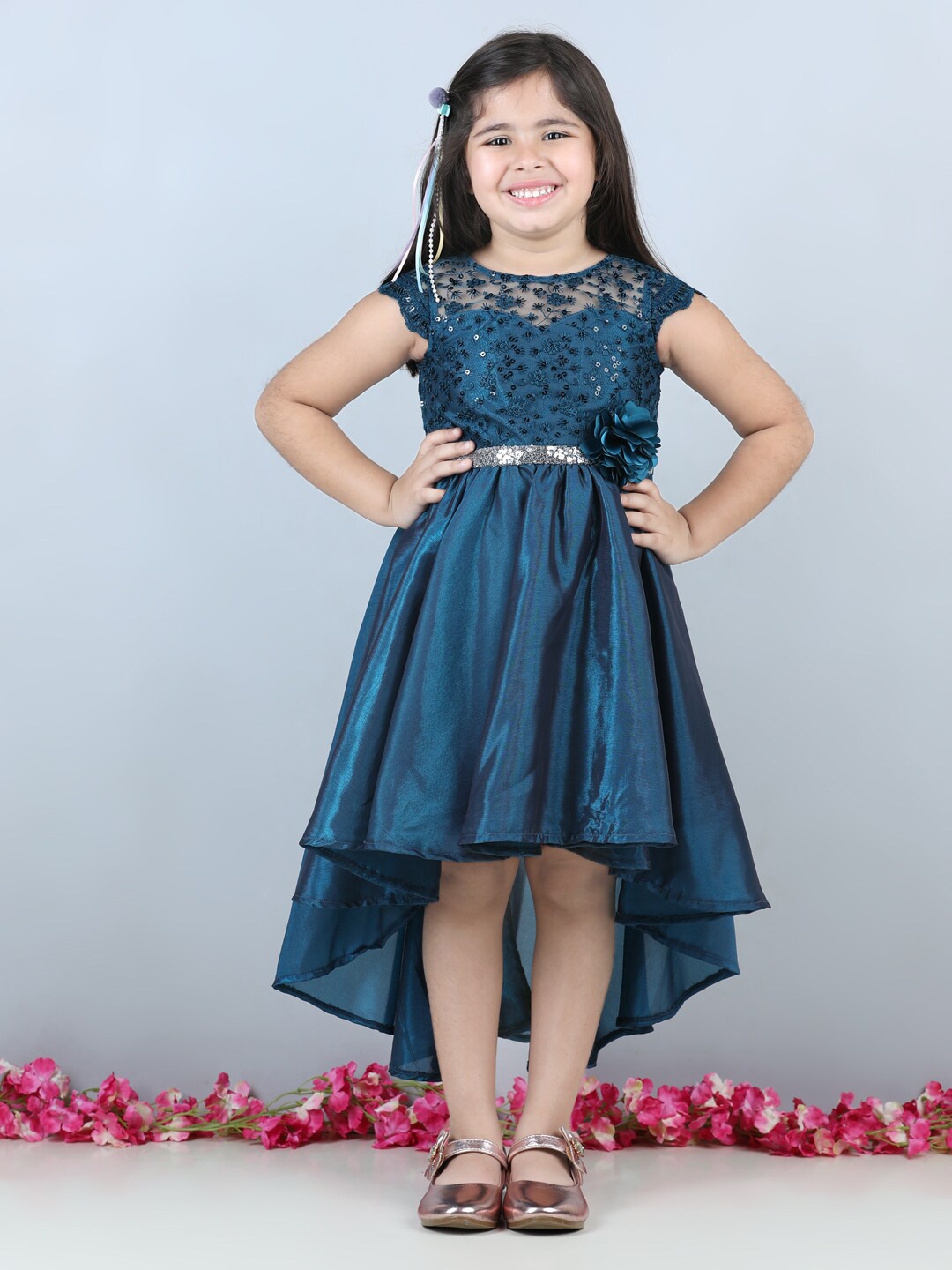 

Toy Balloon kids Girls Embellished Satin Fit & Flare Dress, Teal