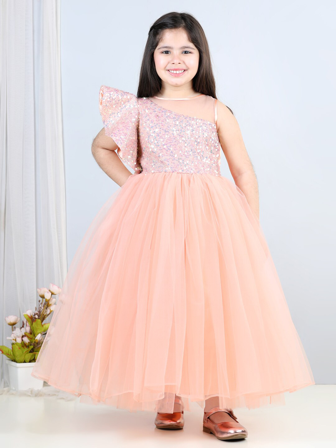 

Toy Balloon kids Girls Embellished Net Fit & Flare Maxi Dress, Peach