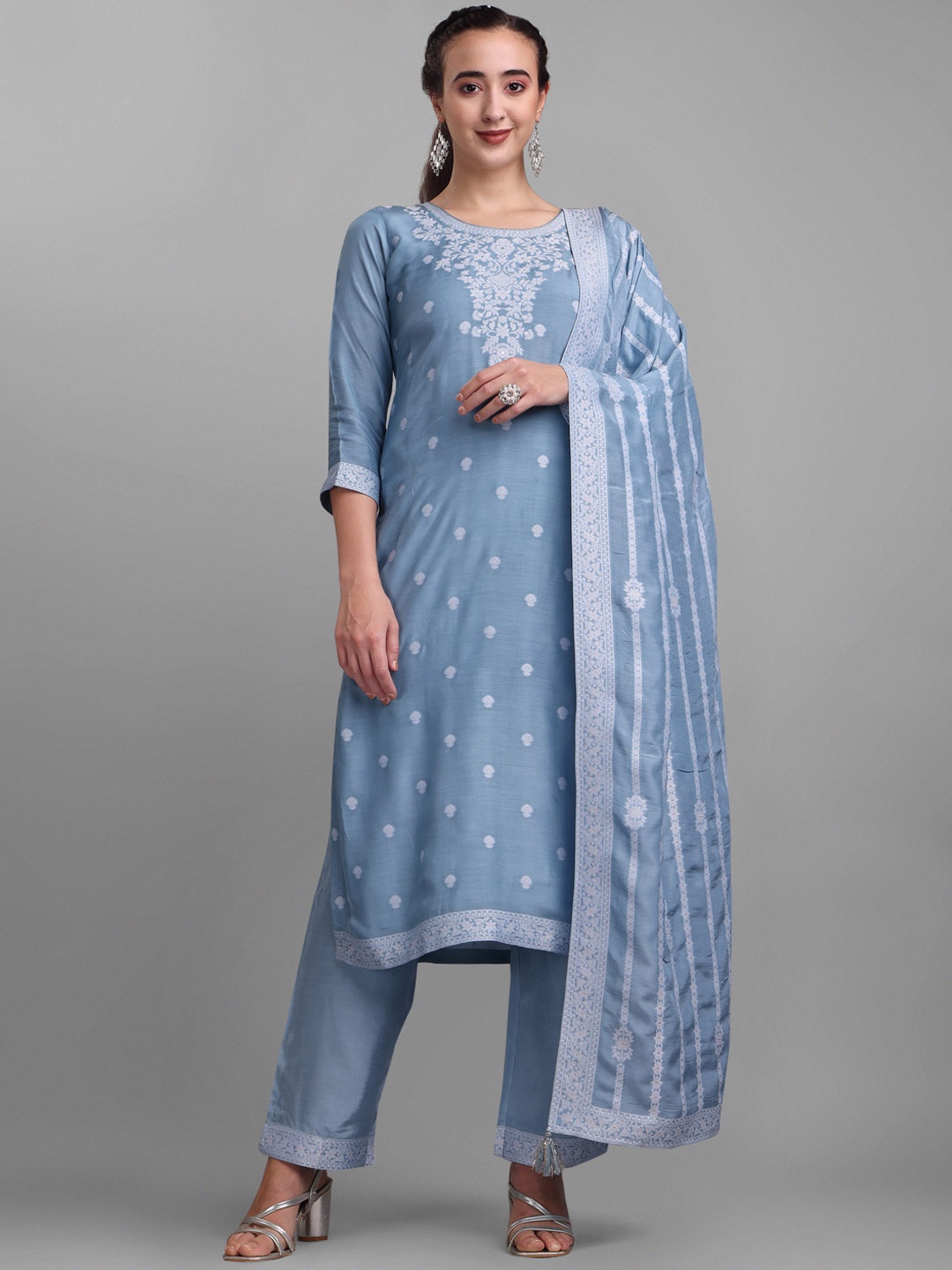 

Seerat Ethnic Motifs Woven Design Jacquard Kurta with Trousers & Dupatta, Blue