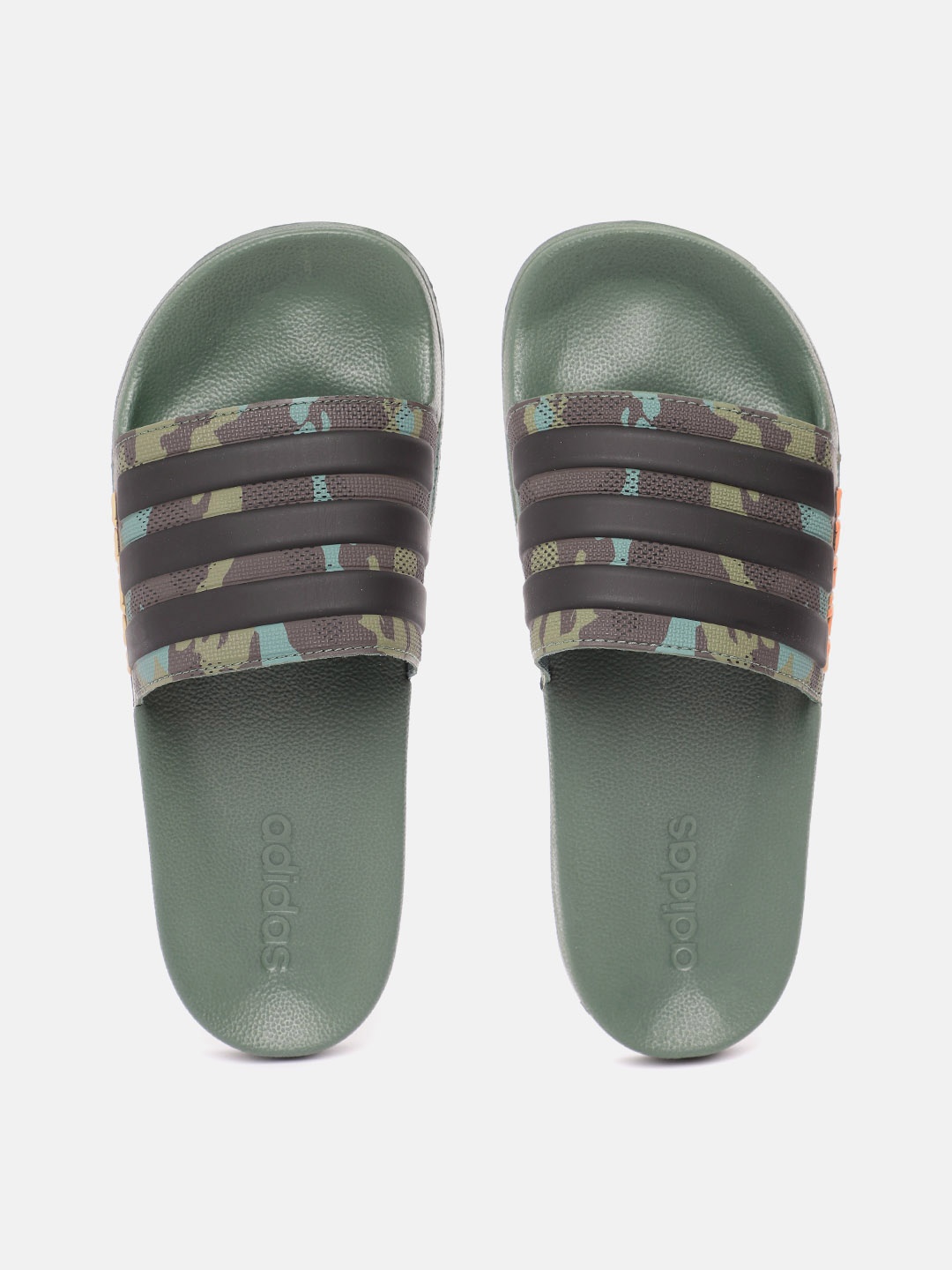 

ADIDAS Unisex Camouflage Printed Sliders with Striped Detail, Green