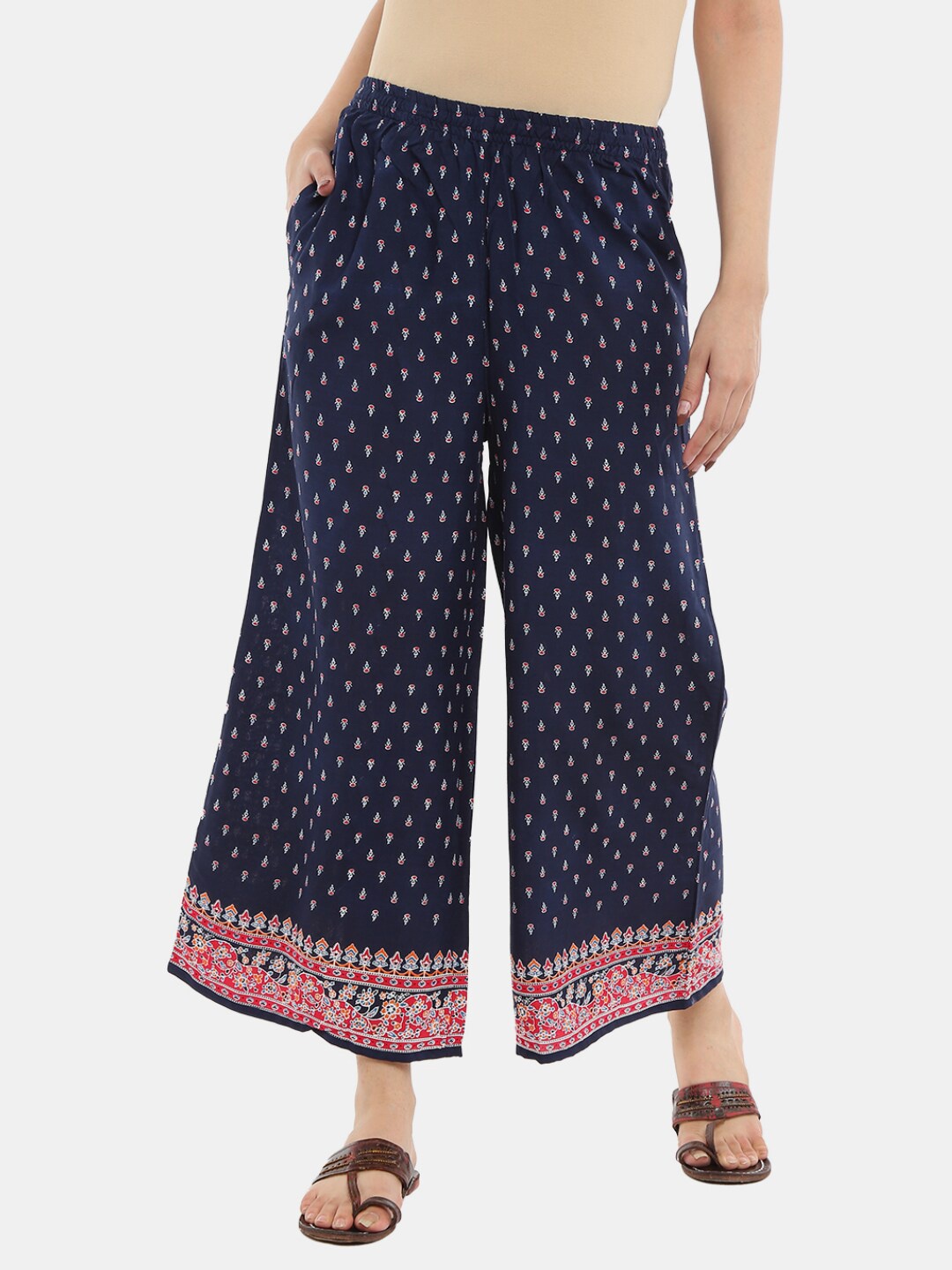 

V-Mart Women Ethnic Motifs Printed Flared Ethnic Palazzos, Navy blue