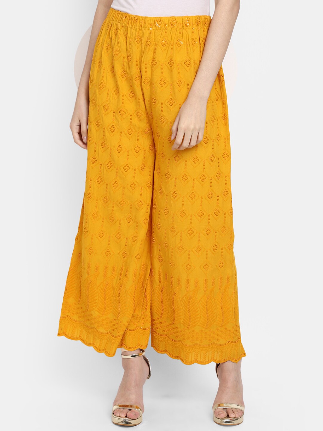 

V-Mart Women Ethnic Motifs Embroidered Flared Palazzos, Yellow