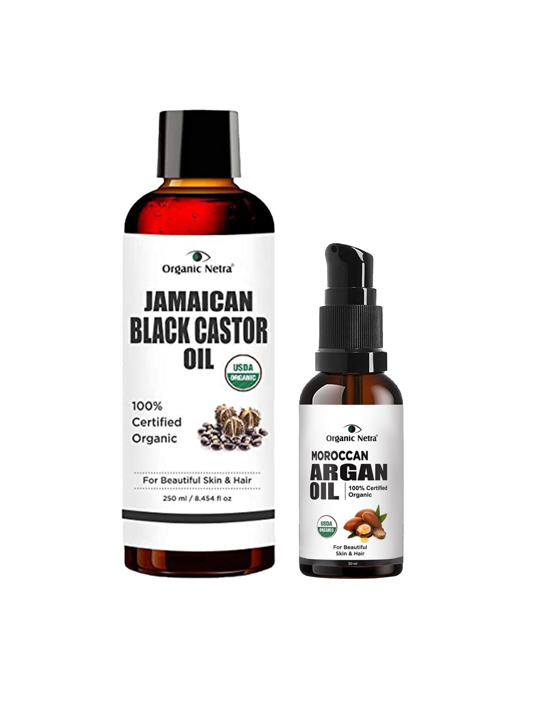 

Organic Netra Cold Pressed Moroccan Argan Oil 50ml & Jamaican Black Castor Oil 250ml Combo, White