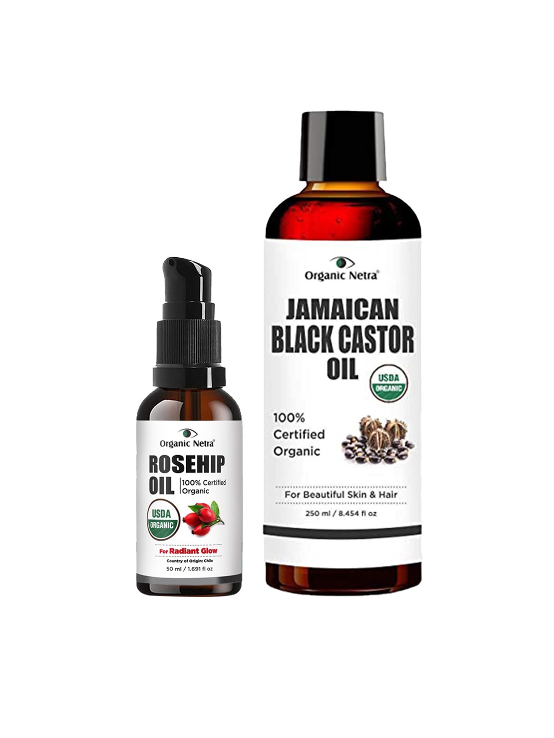 

Organic Netra Cold Pressed Rosehip Seed Oil 50ml & Jamaican Black Castor Oil 250ml Combo, White