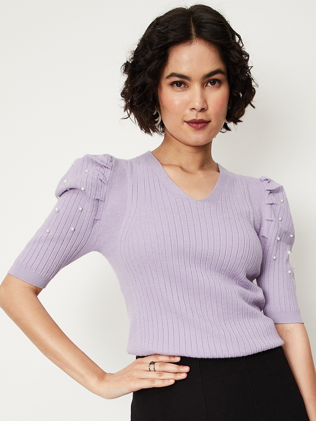 

max Embellished V-Neck Ribbed Top, Purple