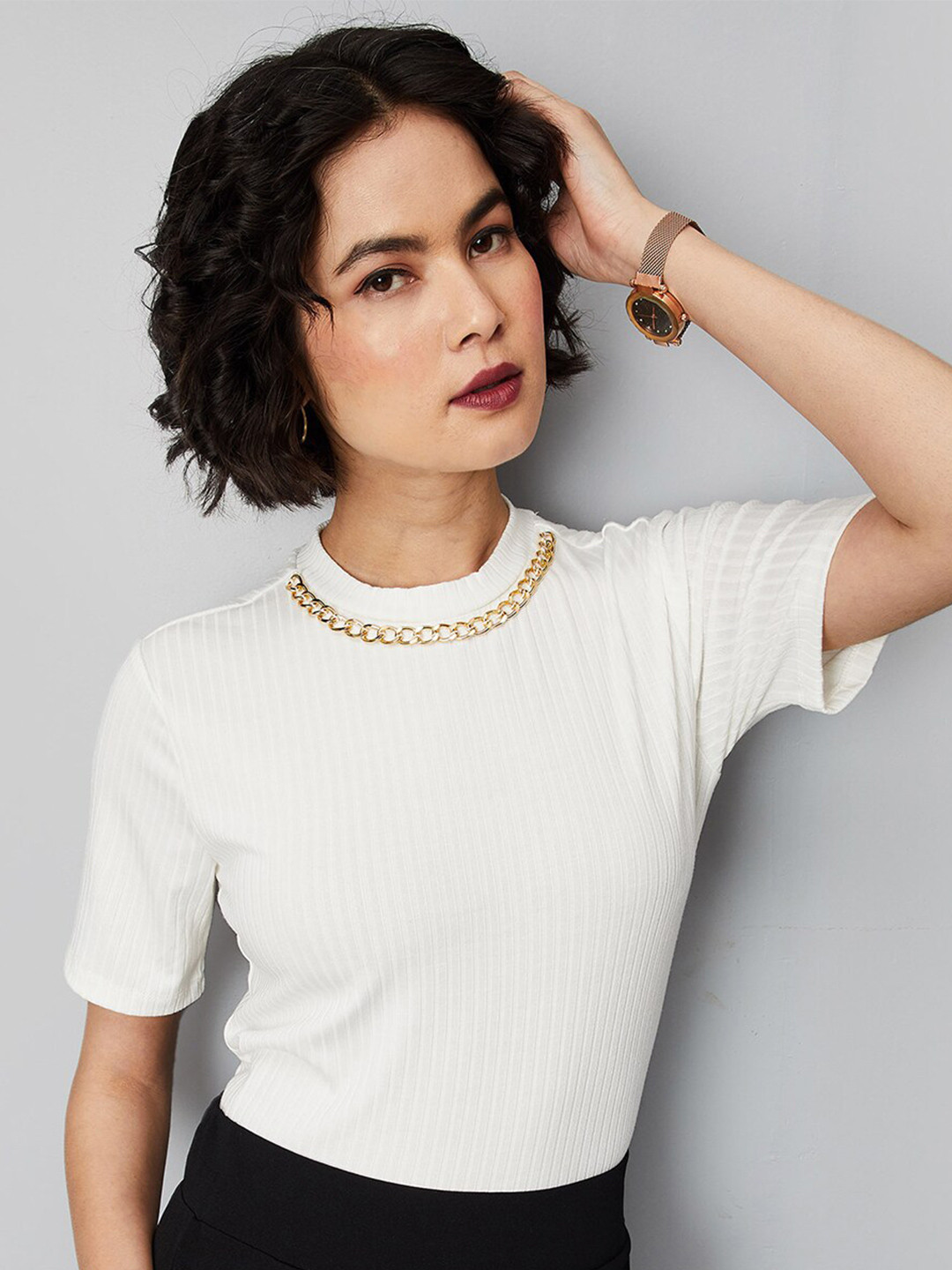 

max Embellished Ribbed Fitted Top, White