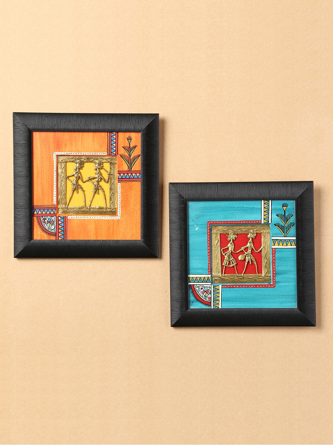 

ExclusiveLane Set of 2 Orange & Blue Warli Dhokra Square Wall Hangings, Multi