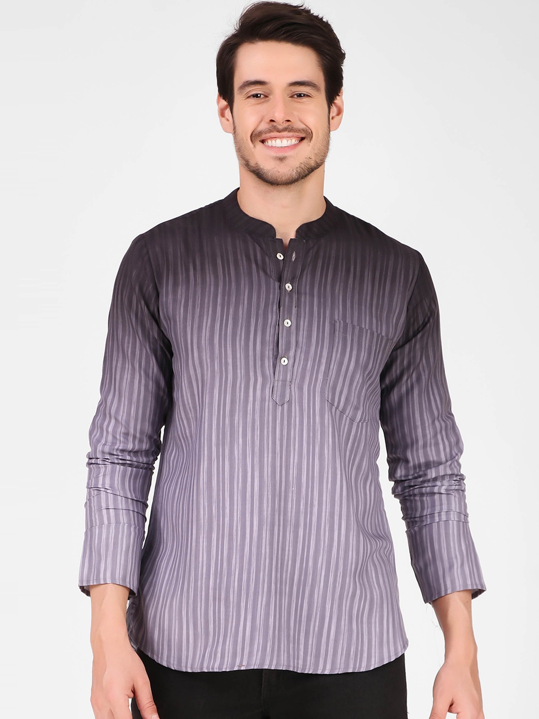 Cult Indie Mandarin Collar Striped Short Kurta, Purple