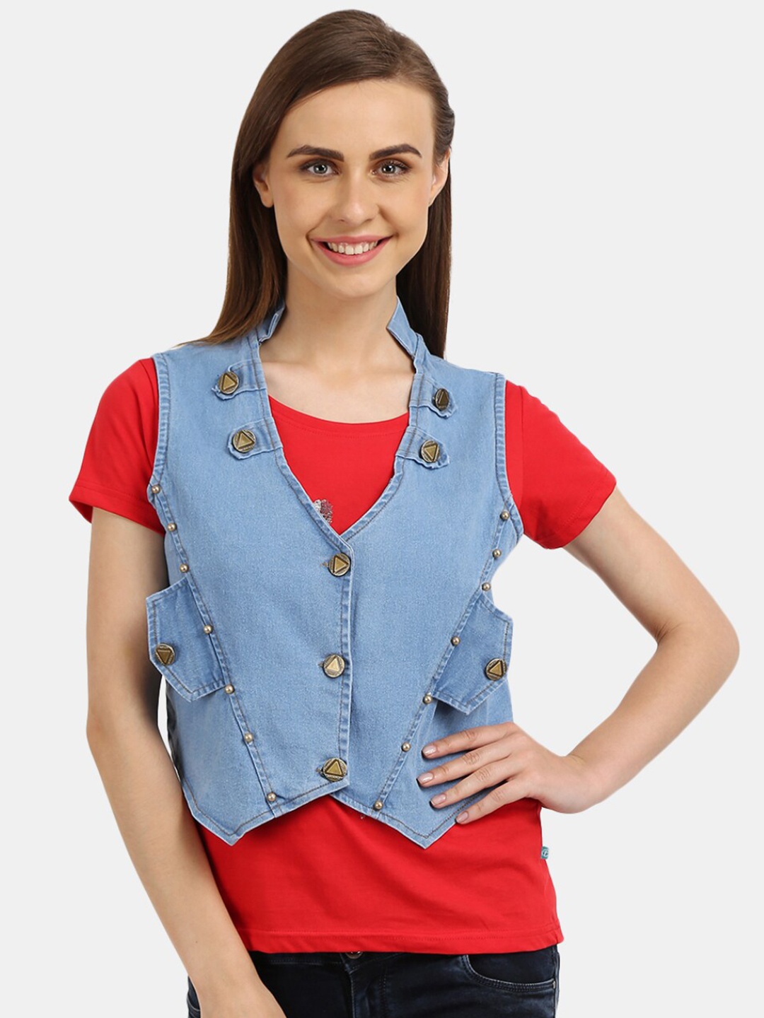 

V-Mart V-Neck Button Denim Shrug, Blue
