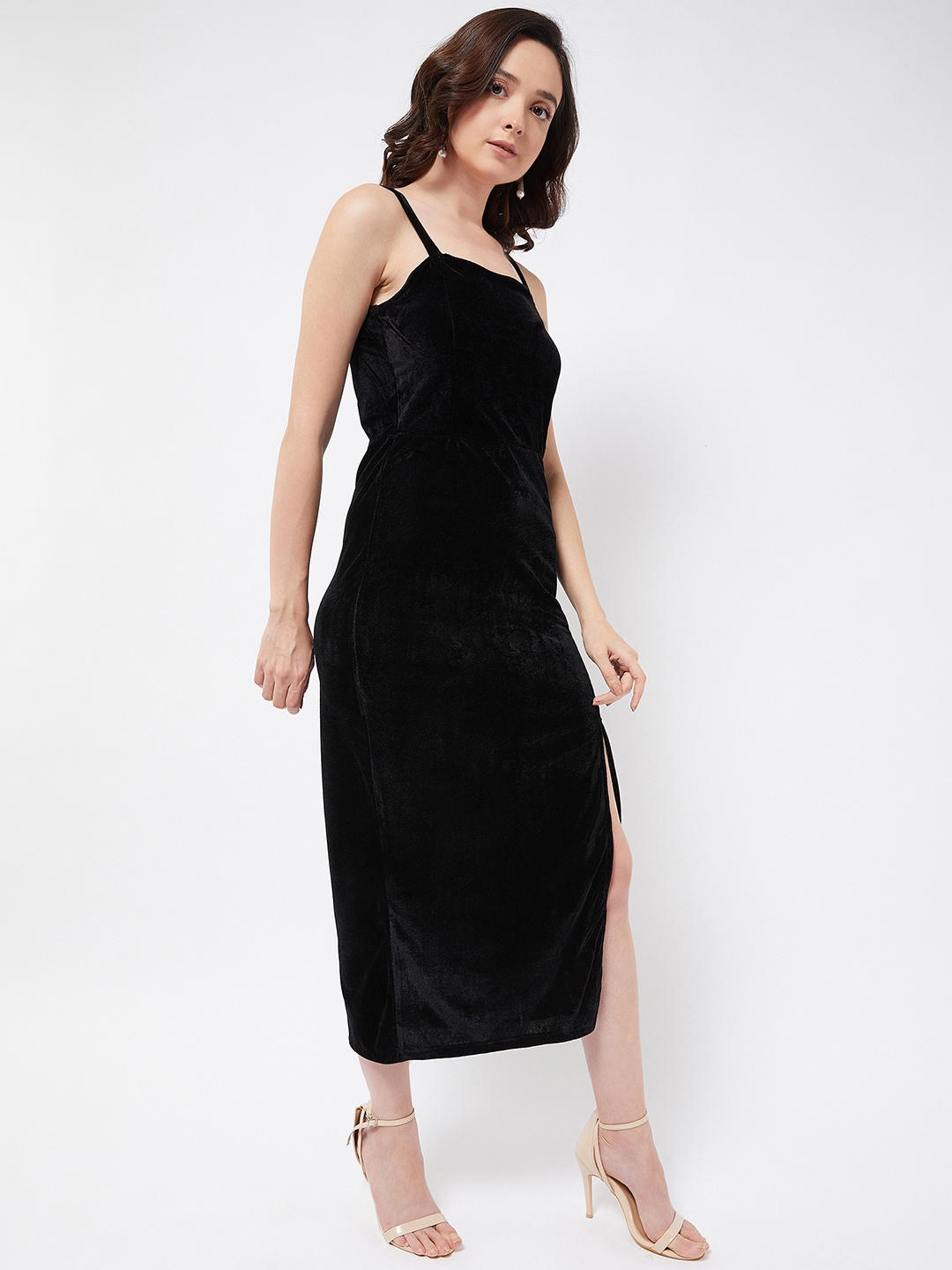 

COLOR CAPITAL Shoulder Straps Velvet Maxi Midi Dress, Black