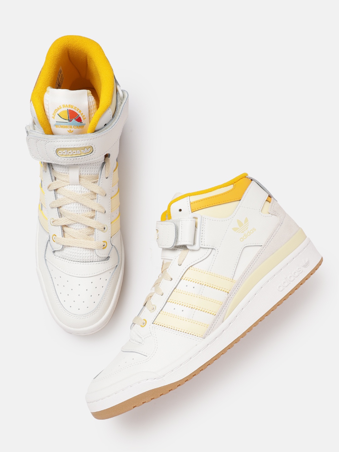 

ADIDAS Originals Men Striped Leather Forum Mid Sneakers, Cream