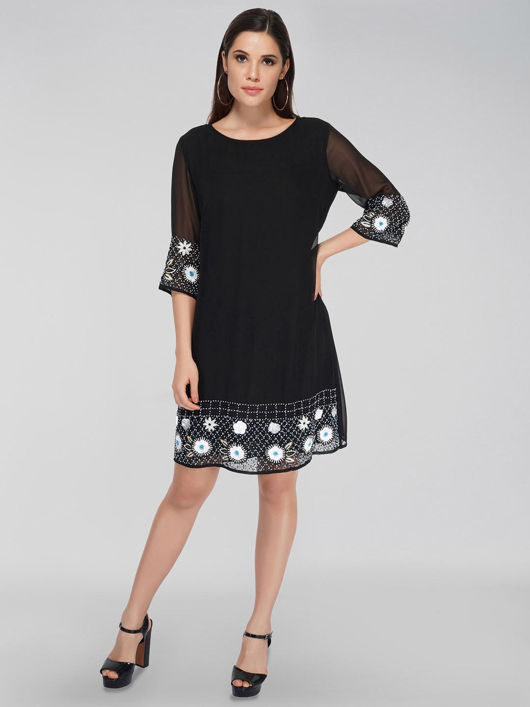

ATTIC SALT Embellished Knee Length A-Line Dress, Black