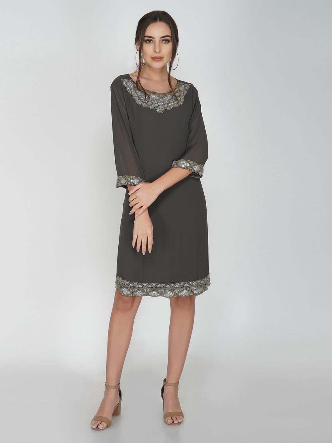 

ATTIC SALT Embellished Knee Length A-Line Dress, Grey