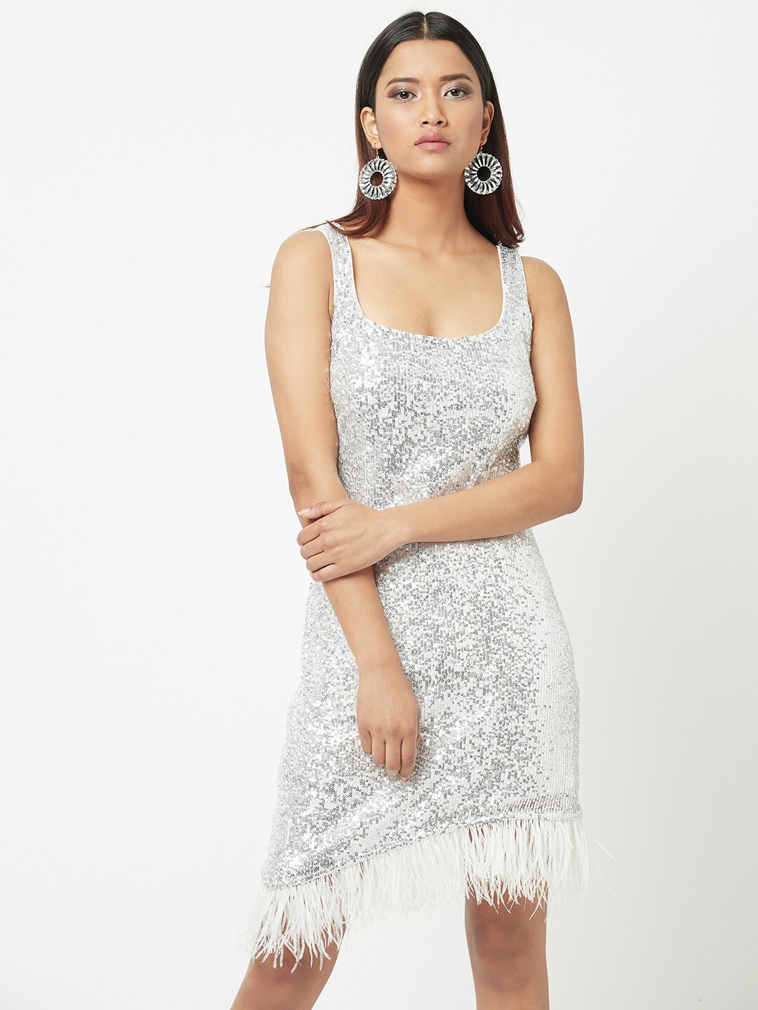 

ATTIC SALT Sequin Embellished Fringed Sheath Dress, White