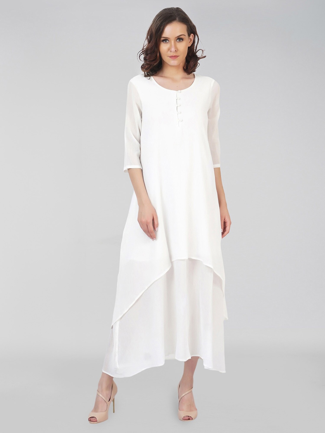 

ATTIC SALT Round Neck Layered Cotton A-Line Maxi Dress, White