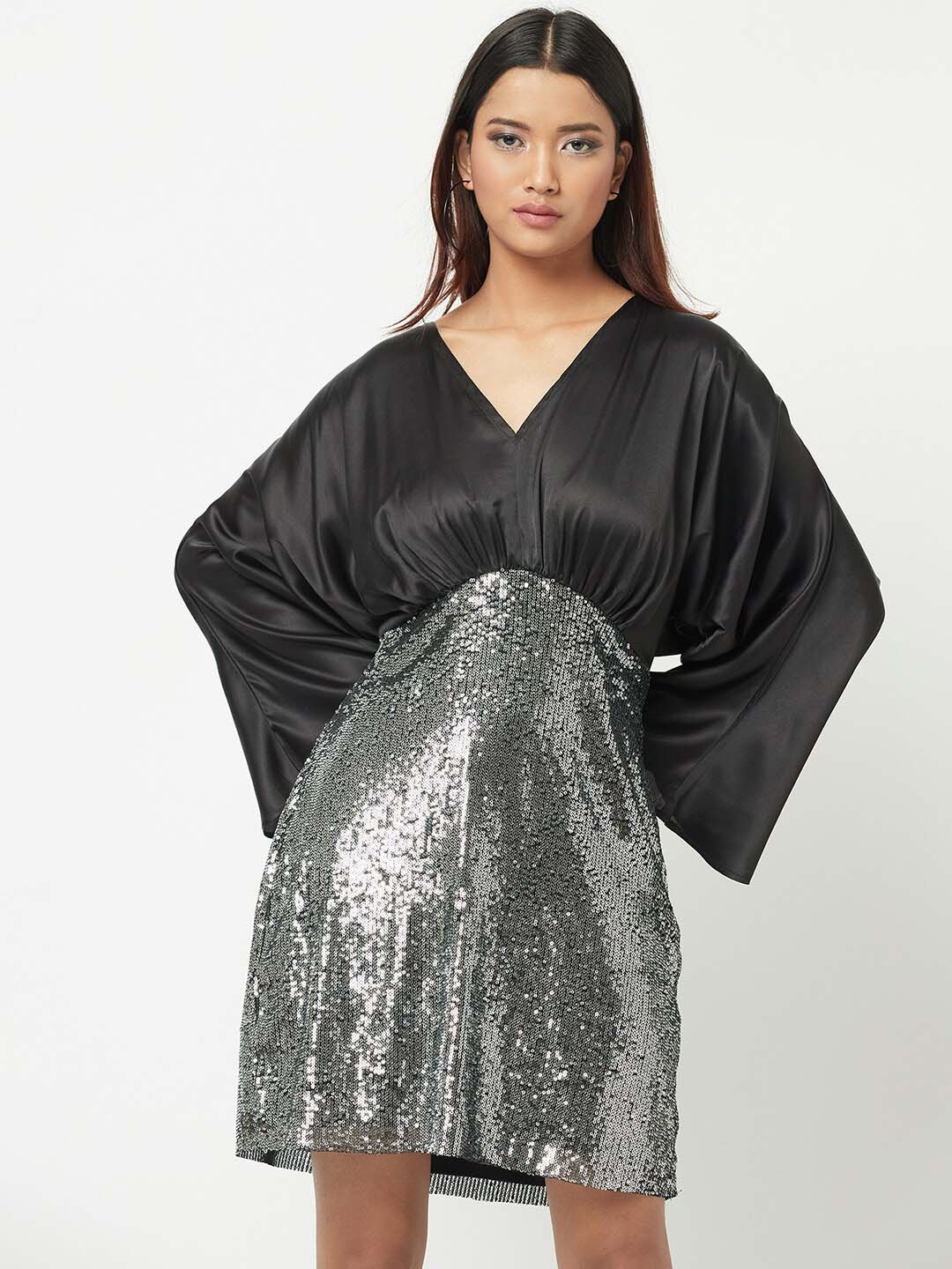 

ATTIC SALT Embellished Sequined Kimono Sleeves Empire Dress, Black