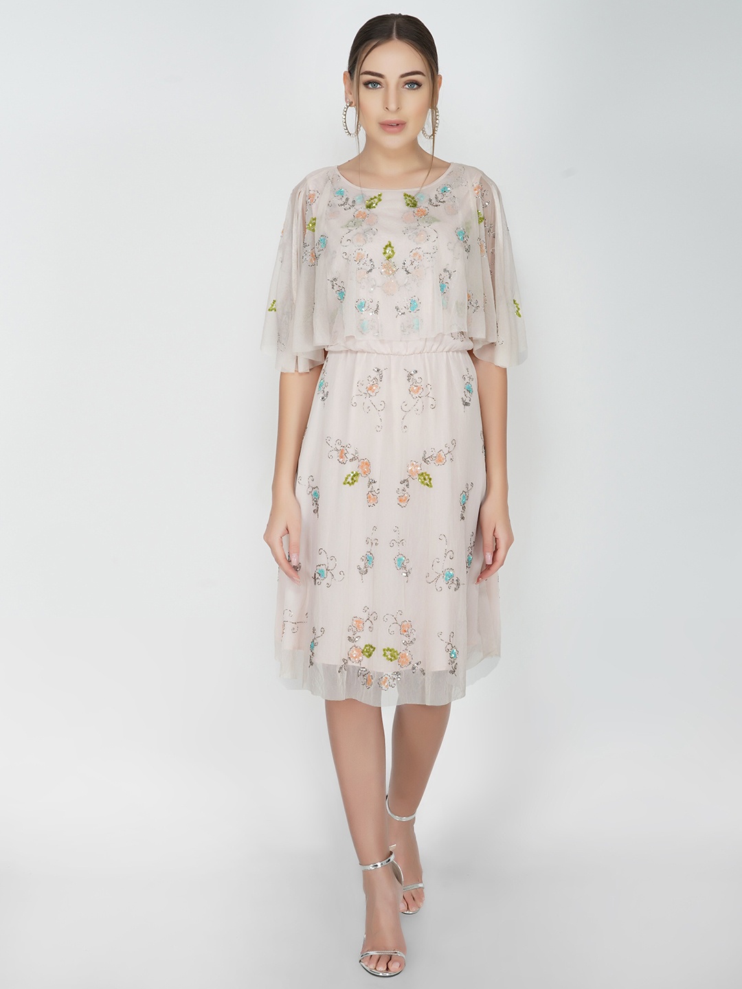 

ATTIC SALT Floral Embroidered Sequined Flared Sleeves A-Line Dress, Champagne