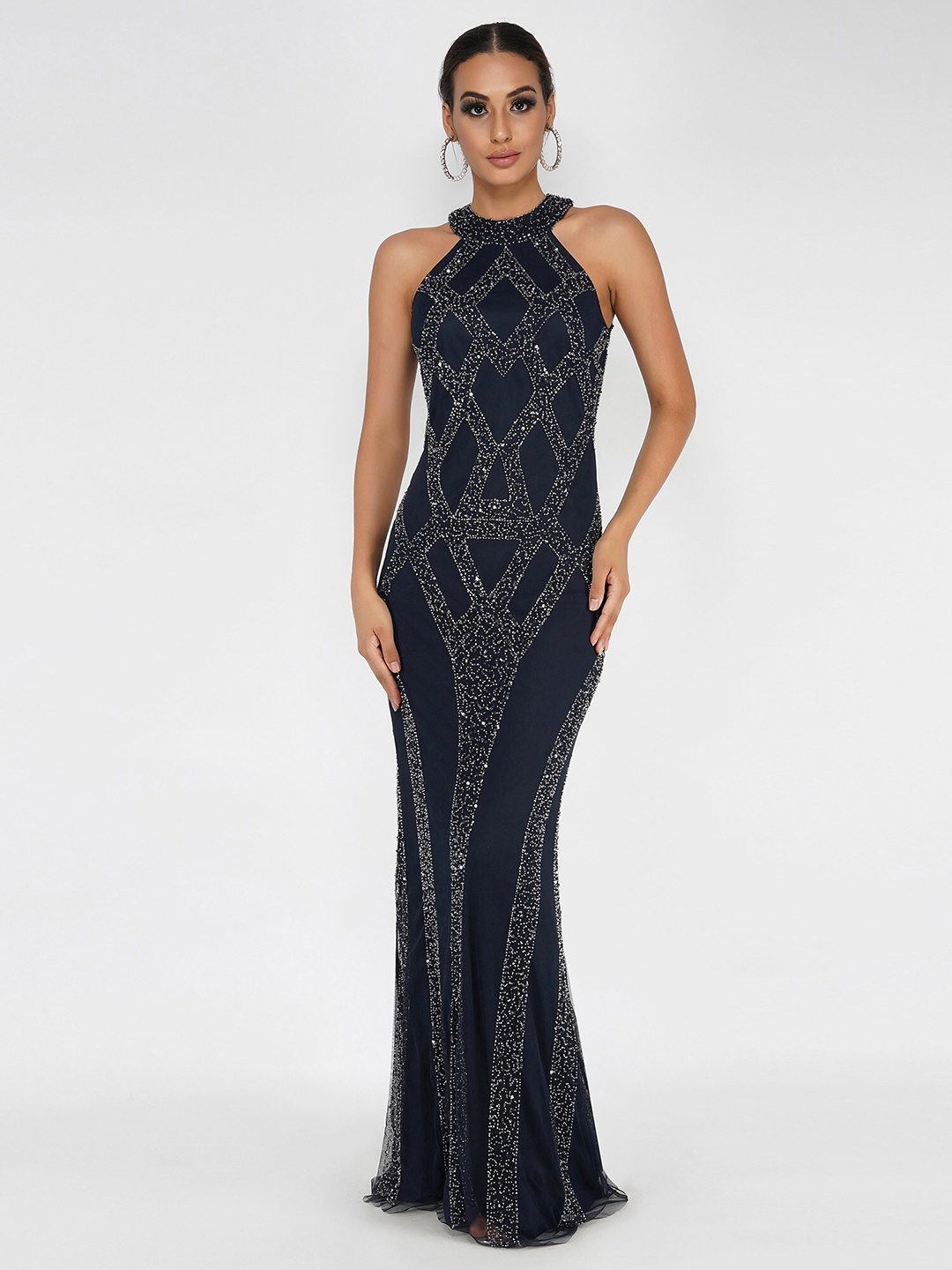 

ATTIC SALT Halter Neck Embellished Maxi Dress, Navy blue