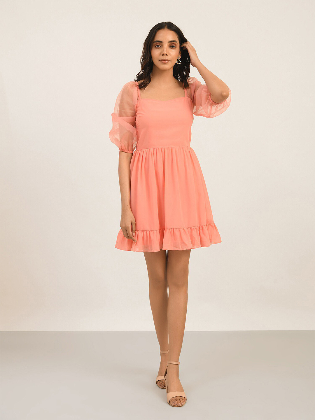 

ATTIC SALT Puff Sleeves Fit & Flare Mini Dress, Pink