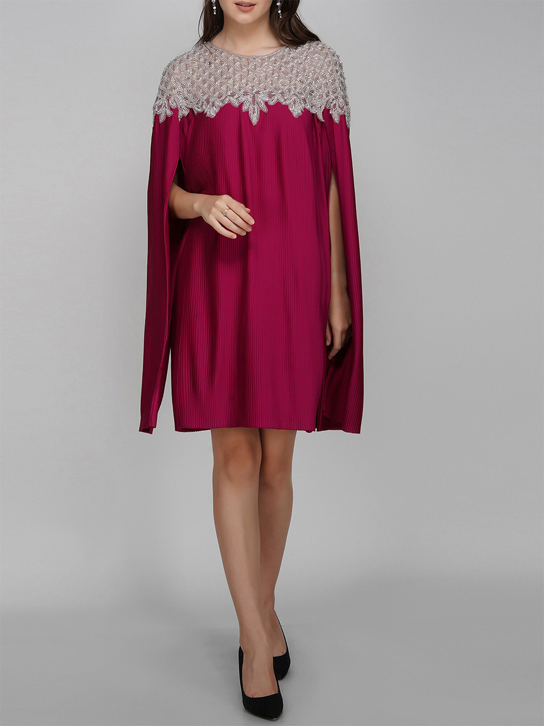 

ATTIC SALT Embellished Cape Sleeves A-Line Dress, Maroon