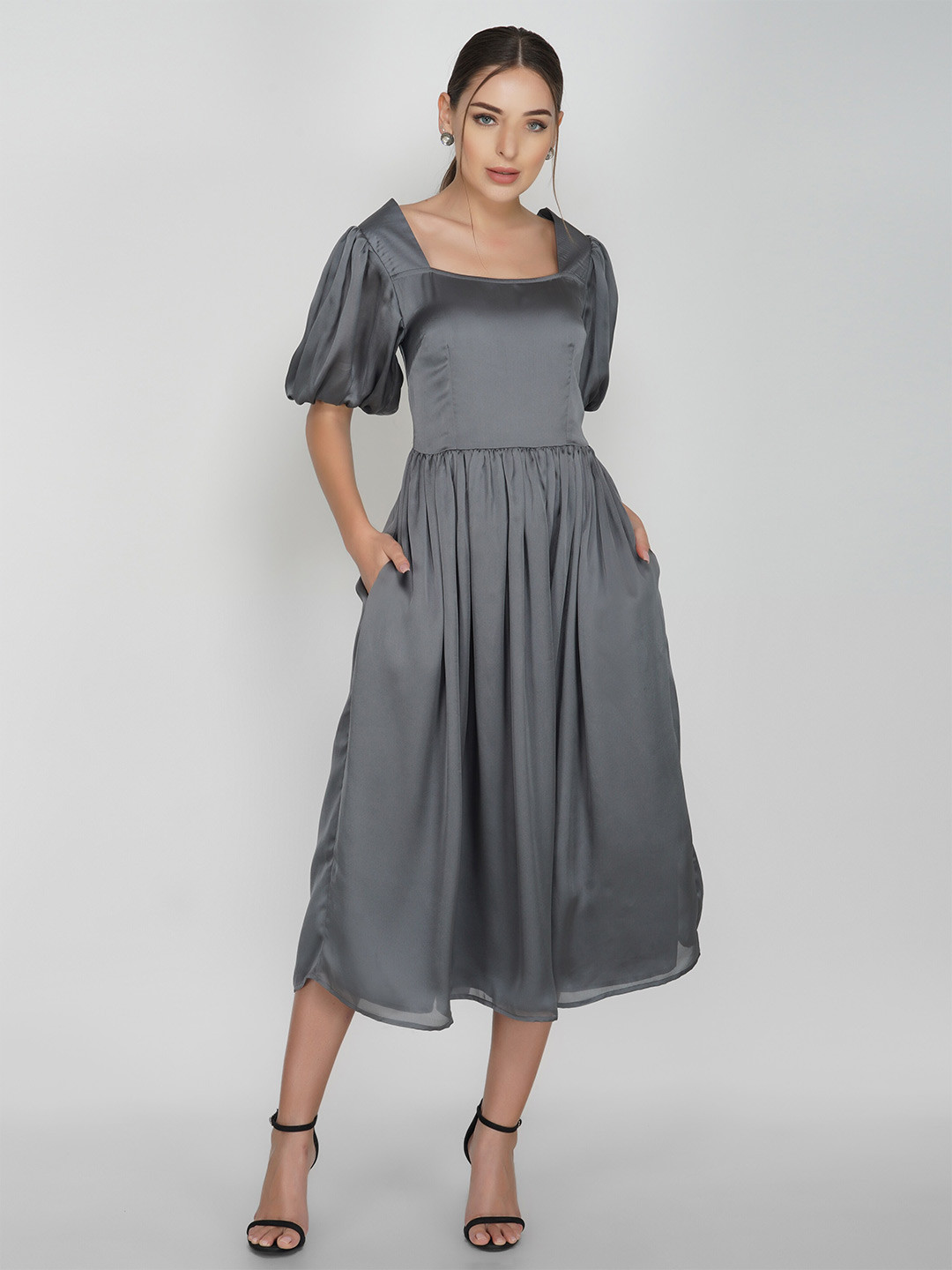 

ATTIC SALT Puff Sleeves Satin Fit & Flare Midi Dress, Grey