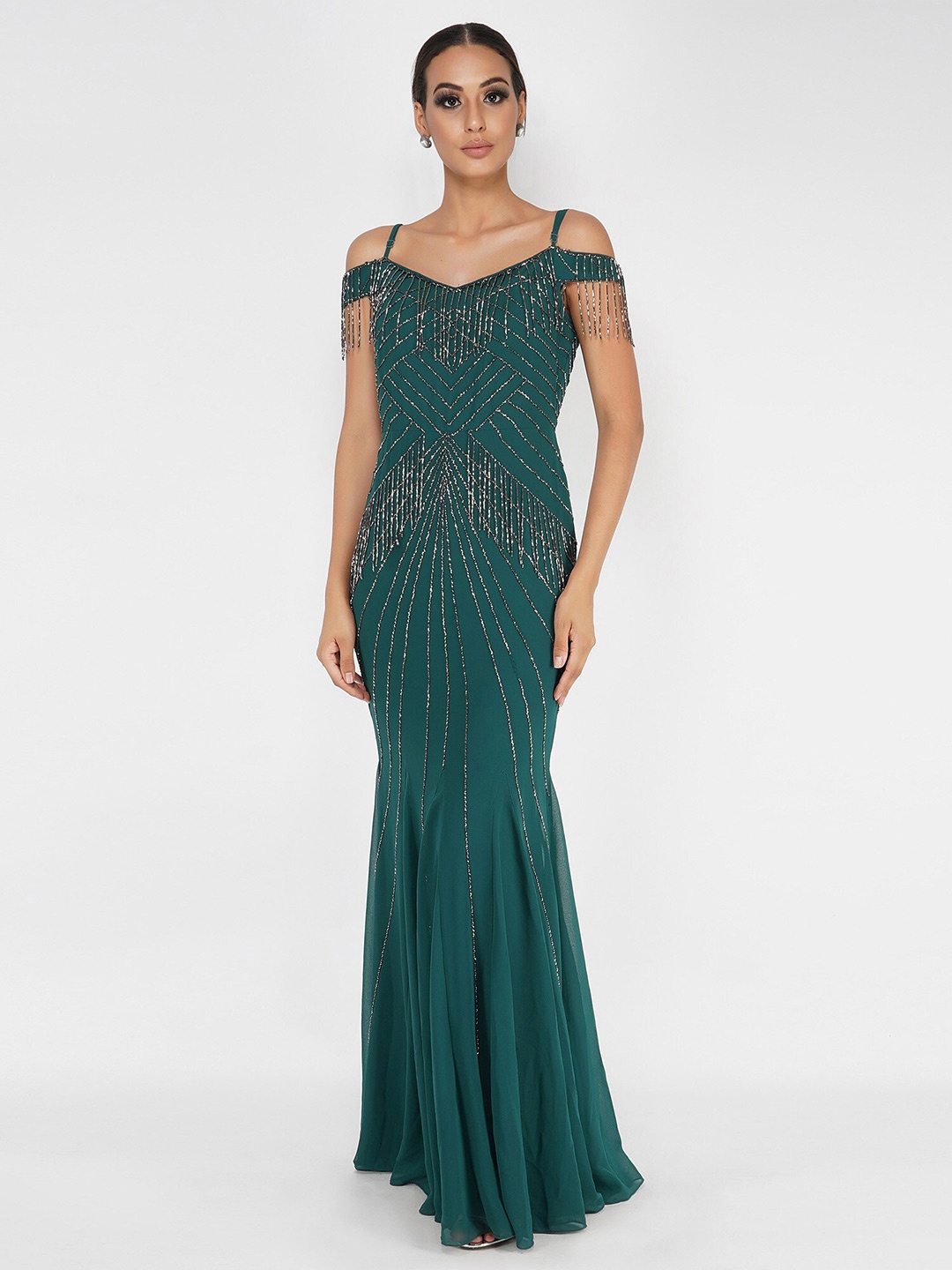 

ATTIC SALT Embellished Cold-Shoulder Maxi Dress, Green