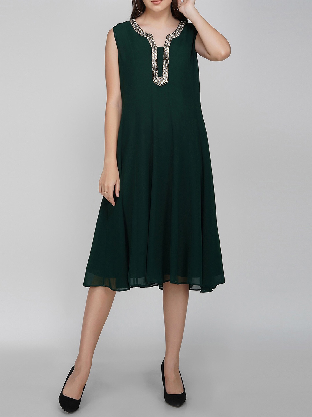 

ATTIC SALT Embellished Sleeveless A-Line Dress, Green