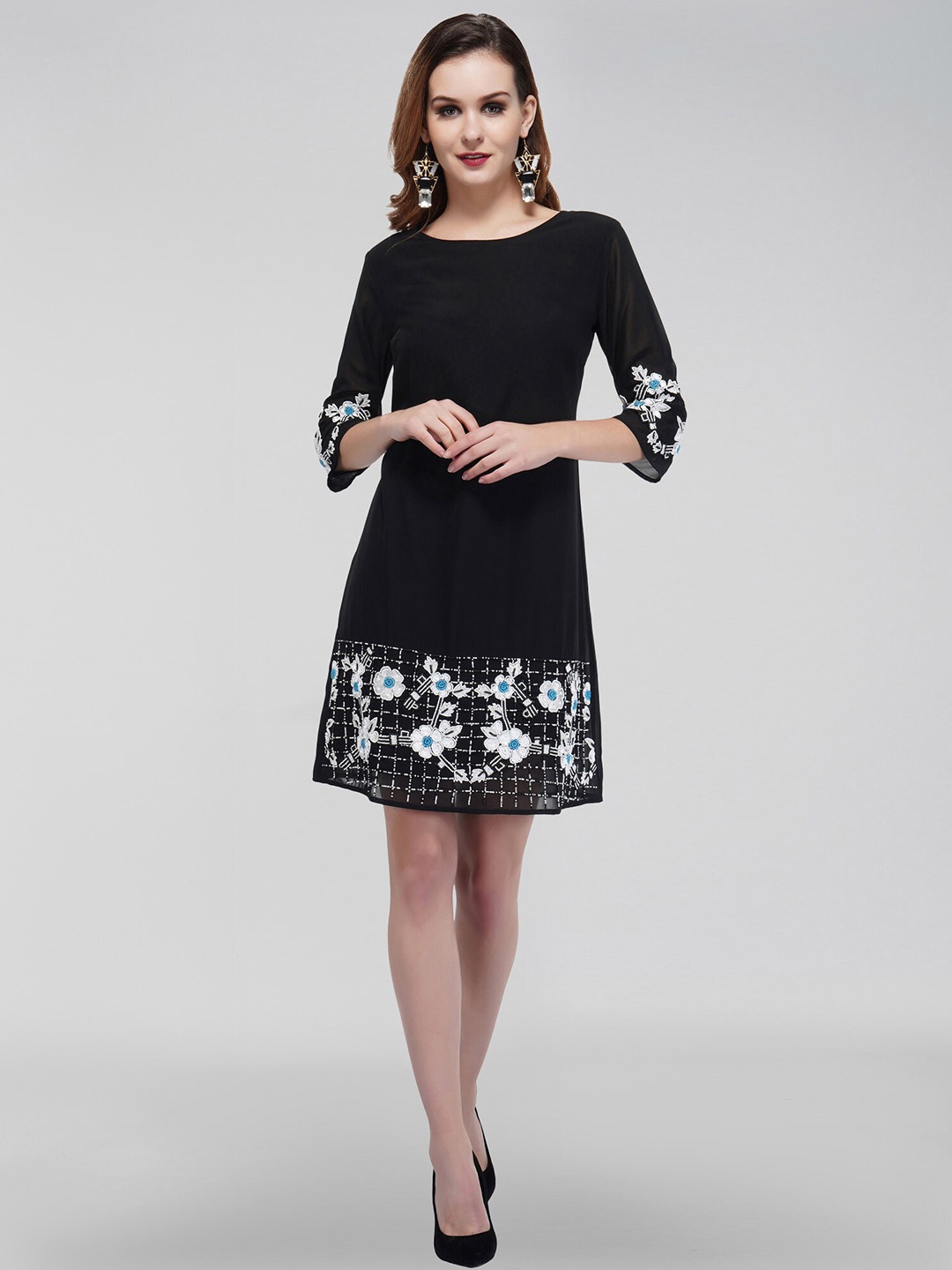 

ATTIC SALT Floral Embellished A-Line Dress, Black