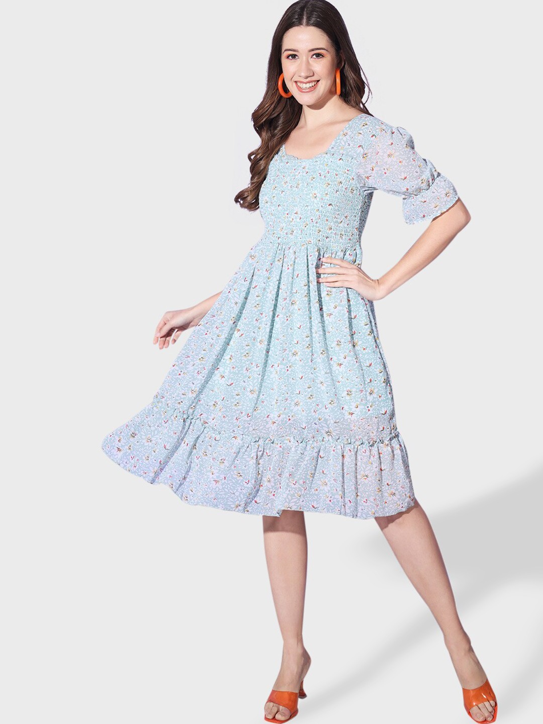

BUY NEW TREND Floral Print Off-Shoulder Bell Sleeve Georgette A-Line Dress, Green