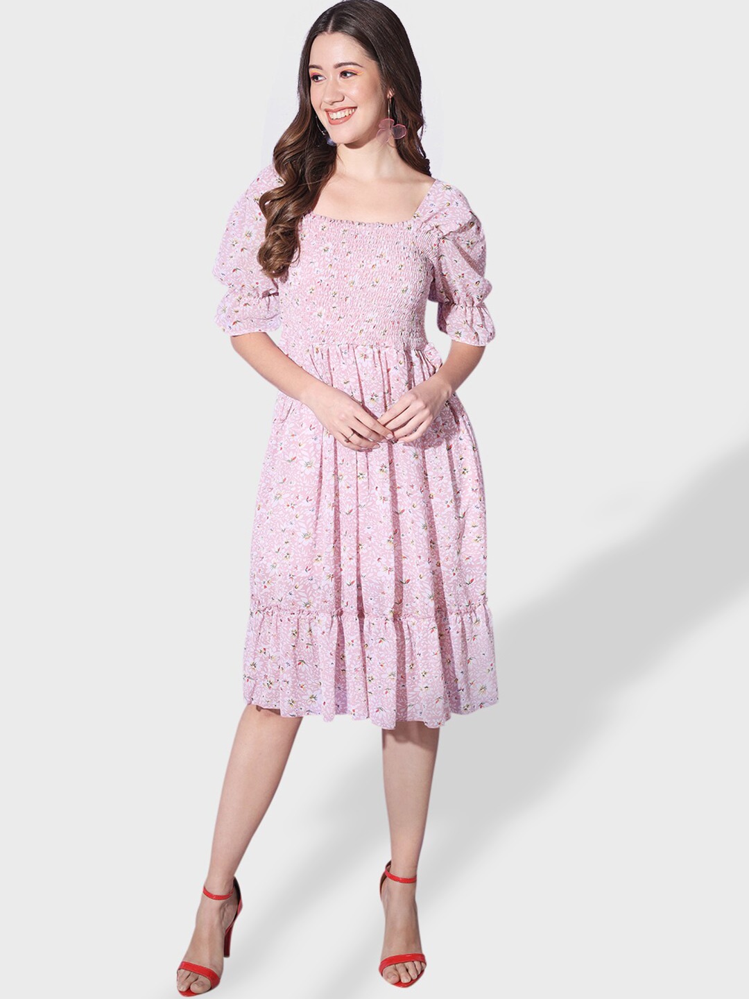 

BUY NEW TREND Floral Print Puff Sleeve Georgette A-Line Dress, Pink