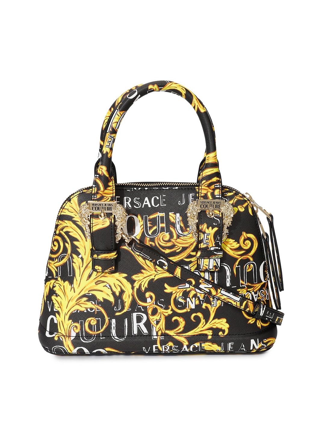 

Versace Jeans Couture Floral Printed Leather Structured Handheld Bag, Black