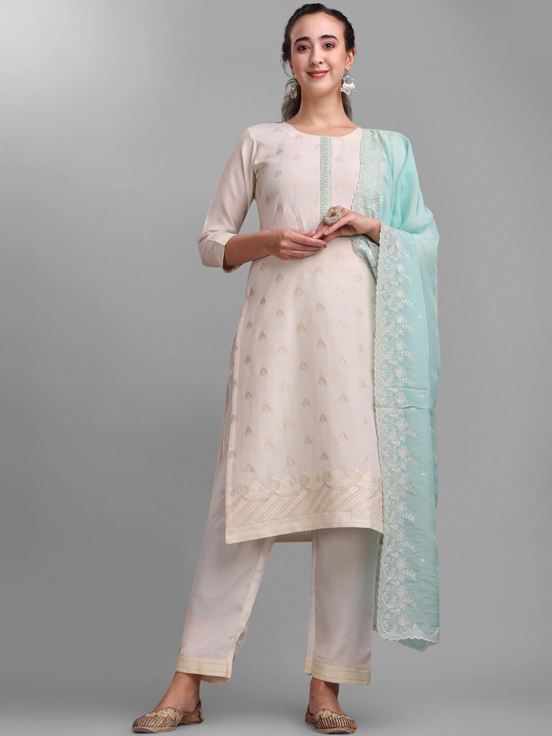 

Seerat Ethnic Woven Design Thread Work Sequined Jacquard Kurta with Trousers & Dupatta, Cream