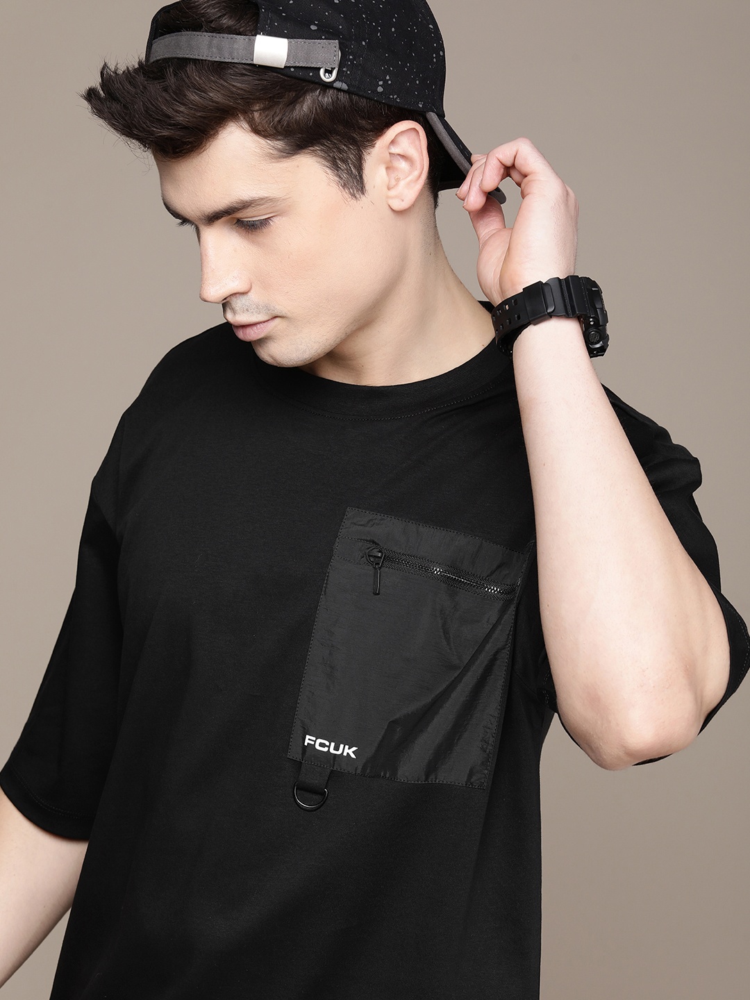 

FCUK Solid Pure Cotton Pocket Oversized T-shirt, Black