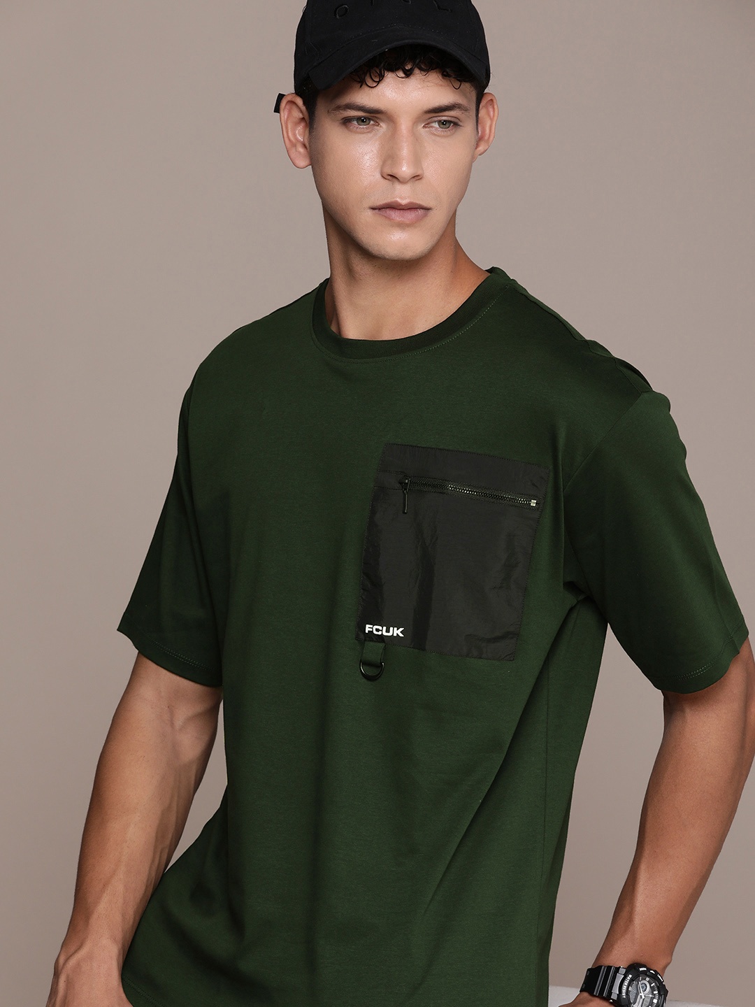 

FCUK Pure Cotton Drop-Shoulder Sleeves Pocket T-shirt, Green