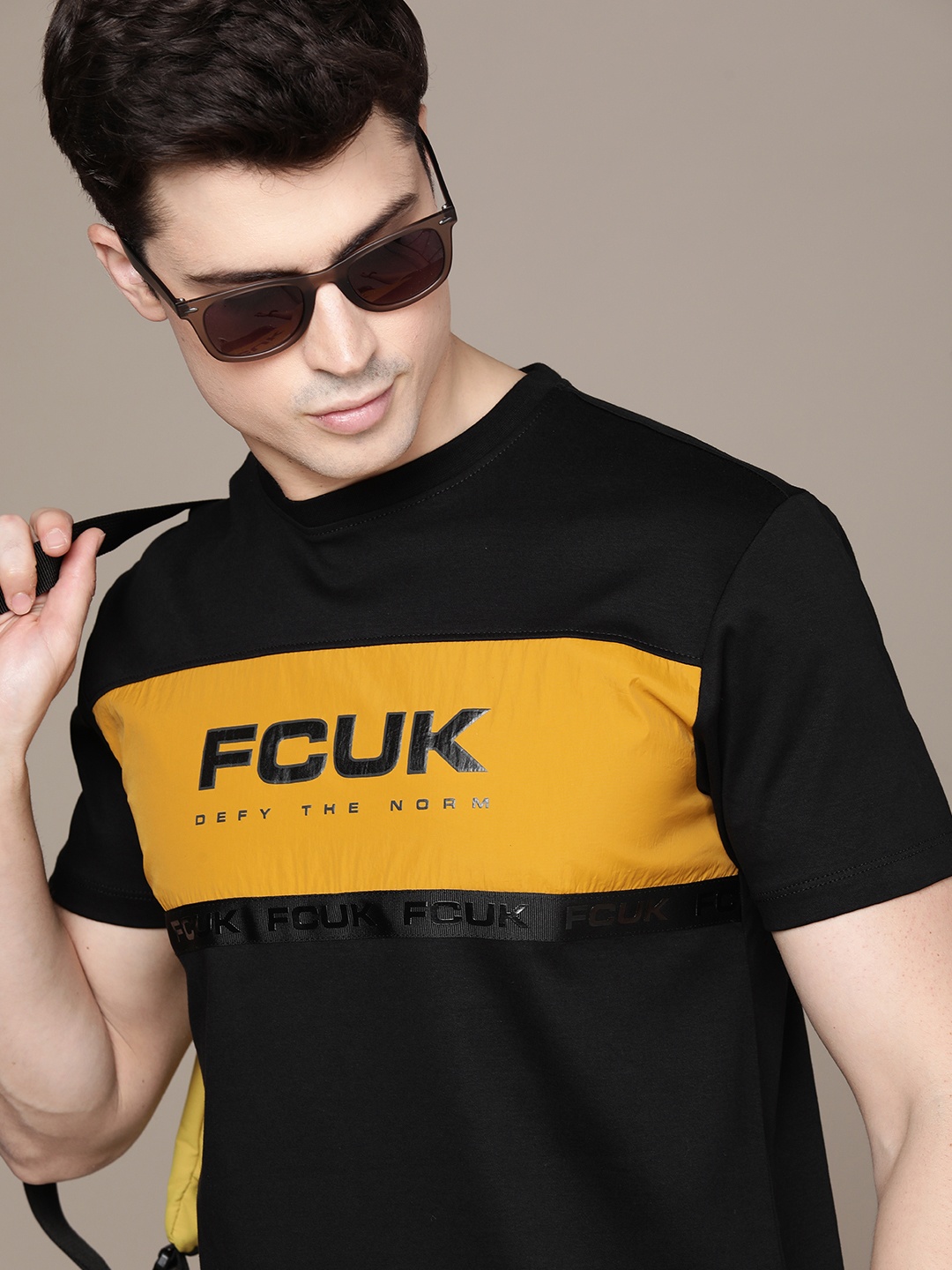 

FCUK Colourblocked Pure Cotton T-shirt, Black