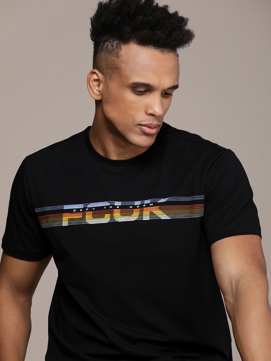 

FCUK Round Neck Brand Logo Print & Striped Detail T-shirt, Black