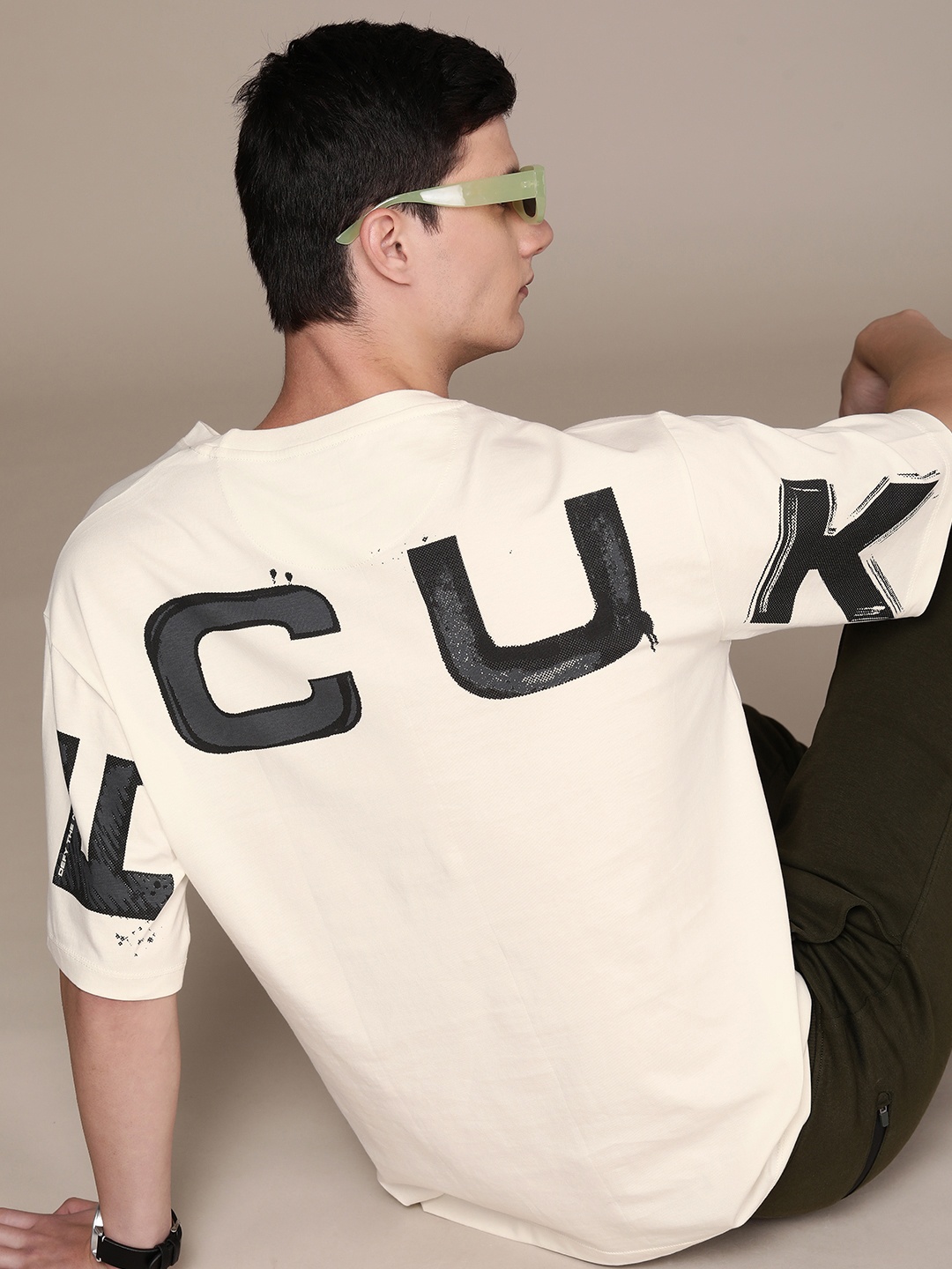 

FCUK Brand Logo Printed Drop-Shoulder Sleeves Pure Cotton T-shirt, Off white