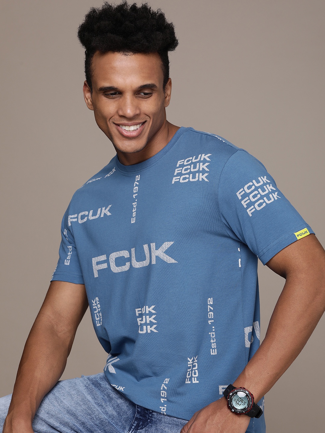 

FCUK Brand Logo Printed Round-Neck Casual T-shirt, Blue