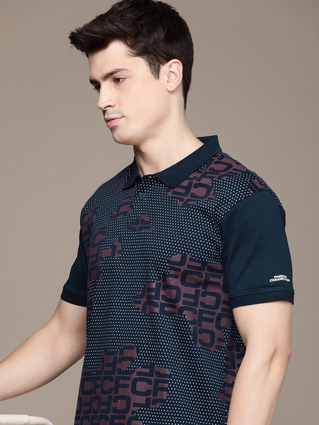 

French Connection Graphic Printed Polo Collar Pure Cotton T-shirt, Navy blue