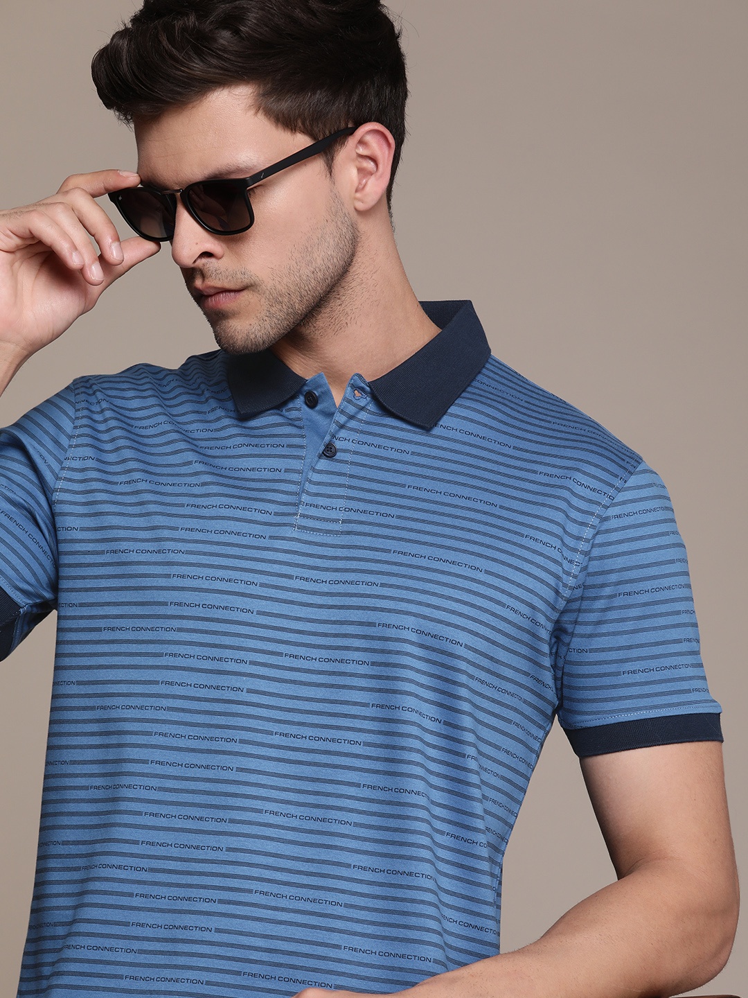 

French Connection Striped & Printed Polo Collar Pure Cotton T-shirt, Blue
