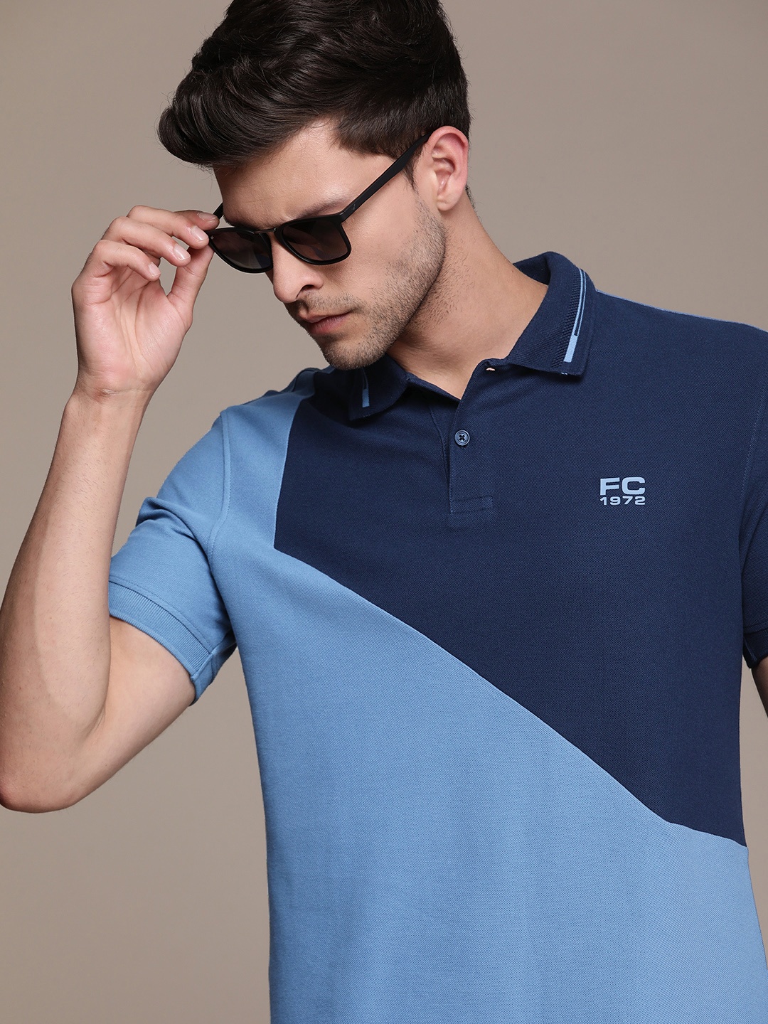 

French Connection Colourblocked Polo Collar Pure Cotton T-shirt, Blue